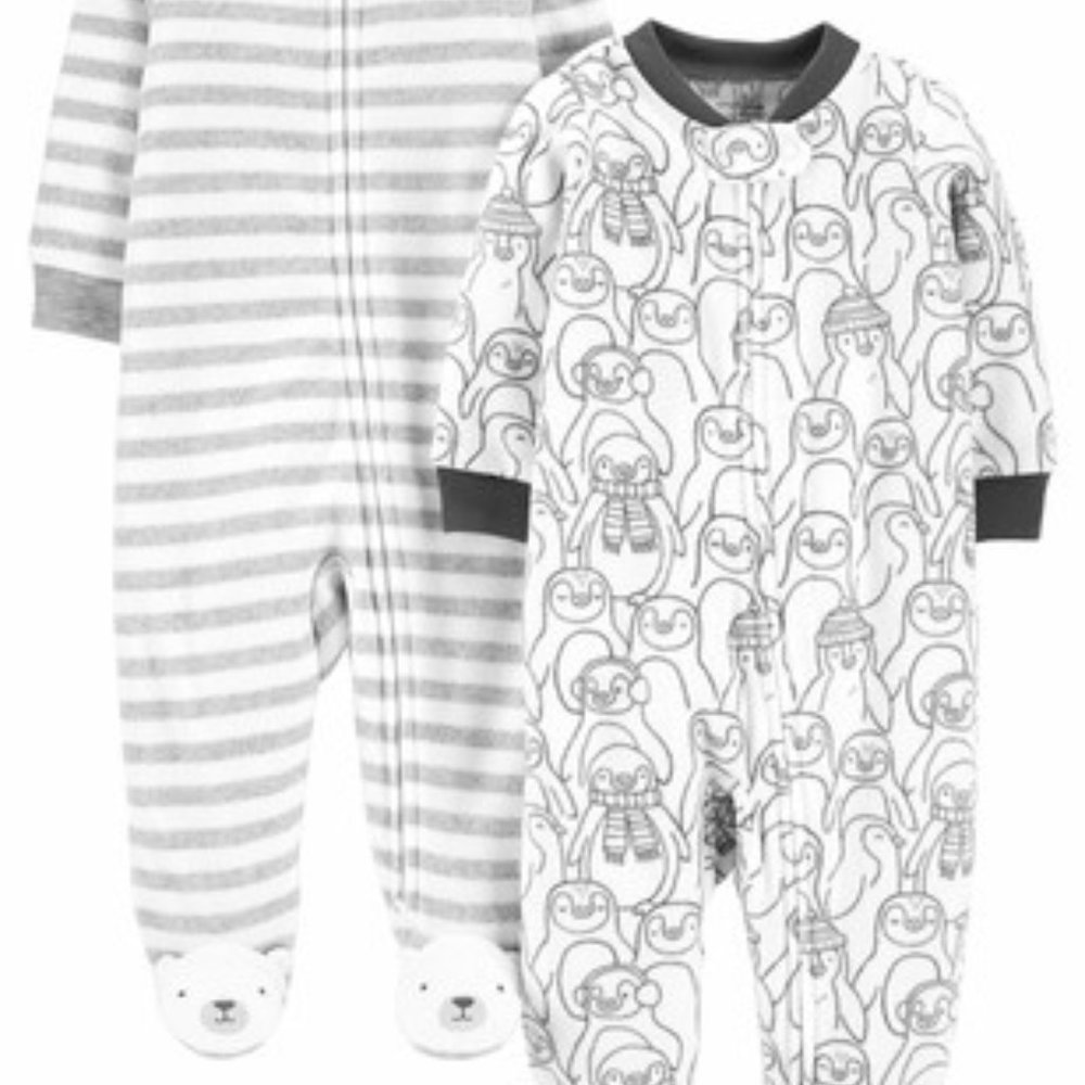 Simple Joys by Carter's Baby 2 pk Fleece Footed Sleepers, Penguins/Stripe, 6-9 m